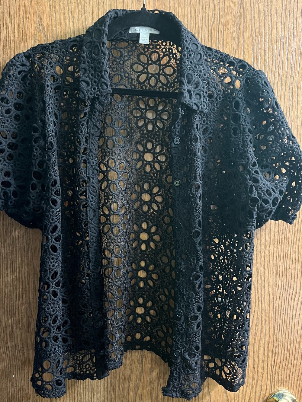 CATO Crochet Lace Button-Front Top - Black